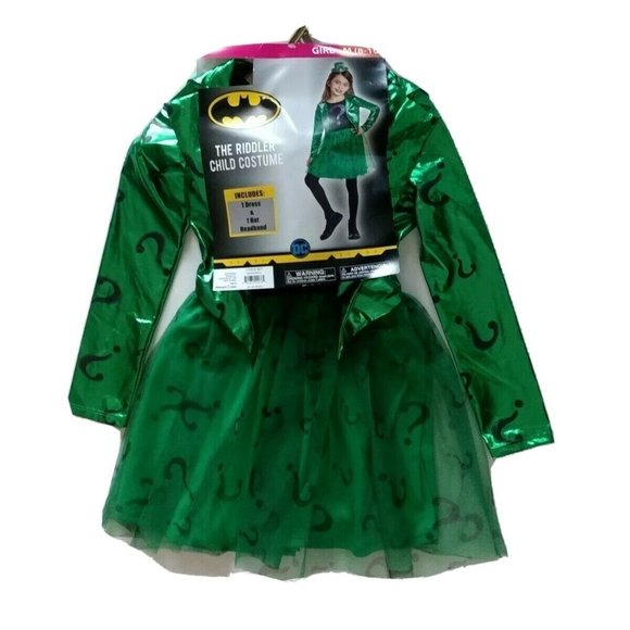 Batman The Riddler Girls Halloween Costume Villain Size M L Green Dress New - Picture 2 of 5